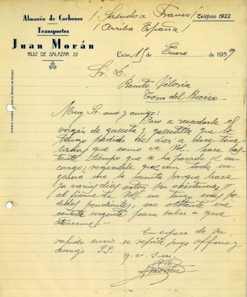 Correspondencia comercial entre almacen de carbones y Benito Viloria. Año 1939. Tomo 7. Doc 18. 2 páginas