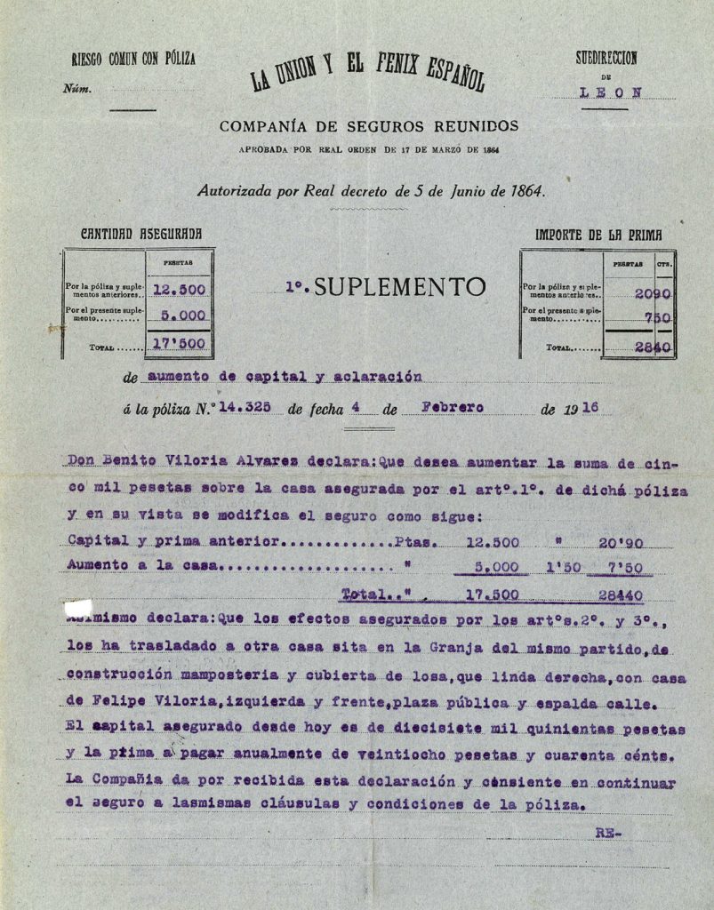 Suplemento de póliza de seguros de La Unión y el Fénix Español sobre vivienda de Benito Viloria. Año 1917. Tomo 7. Doc 21. 3 páginas
