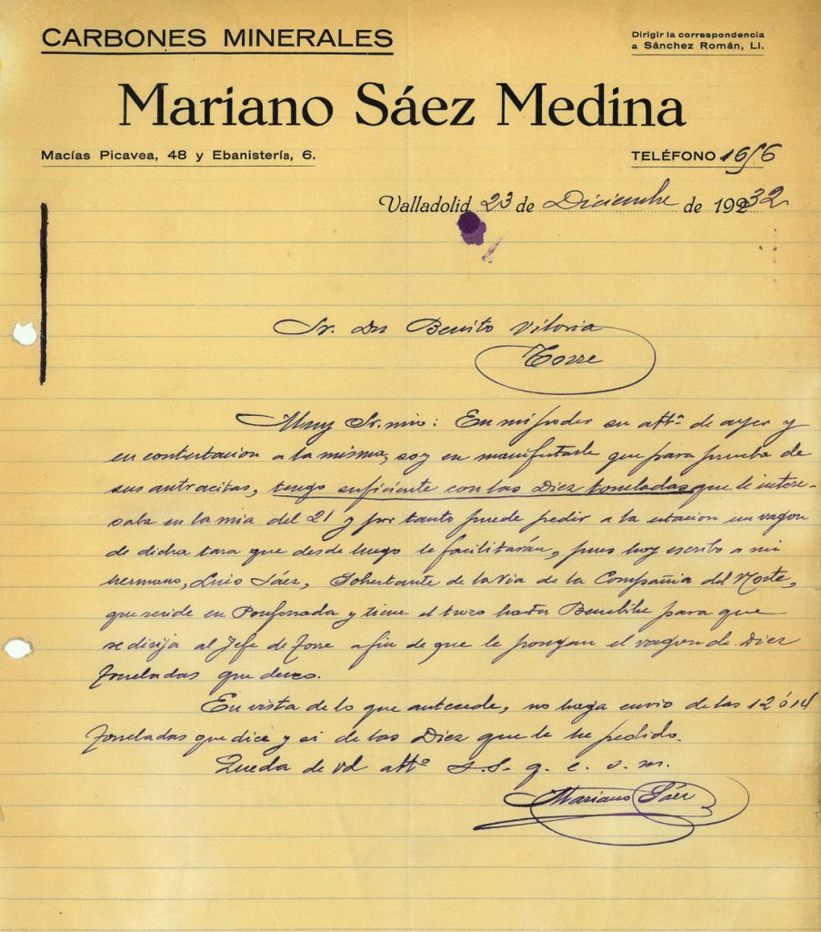 Correspondencia comercial Carbones Minerales Mariano Sáez Medina y Benito Viloria. Año 1932. Tomo 7. Doc 22. 1 página