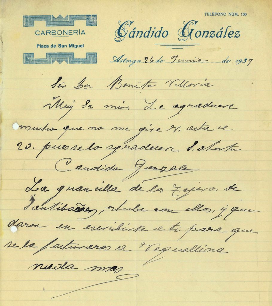 Correspondencia comercial entre Carboneria Candido Gonzalez y Benito Viloria. Año 1937. Tomo 7. Doc 23. 1 página