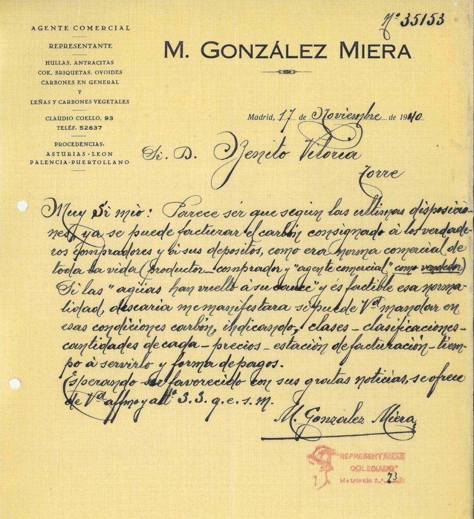 Correspondencia comercial entre leñas y carbones M. Gonzalez Miera y Benito Viloria. Año 1940. Tomo 7. Doc 24. 1 página
