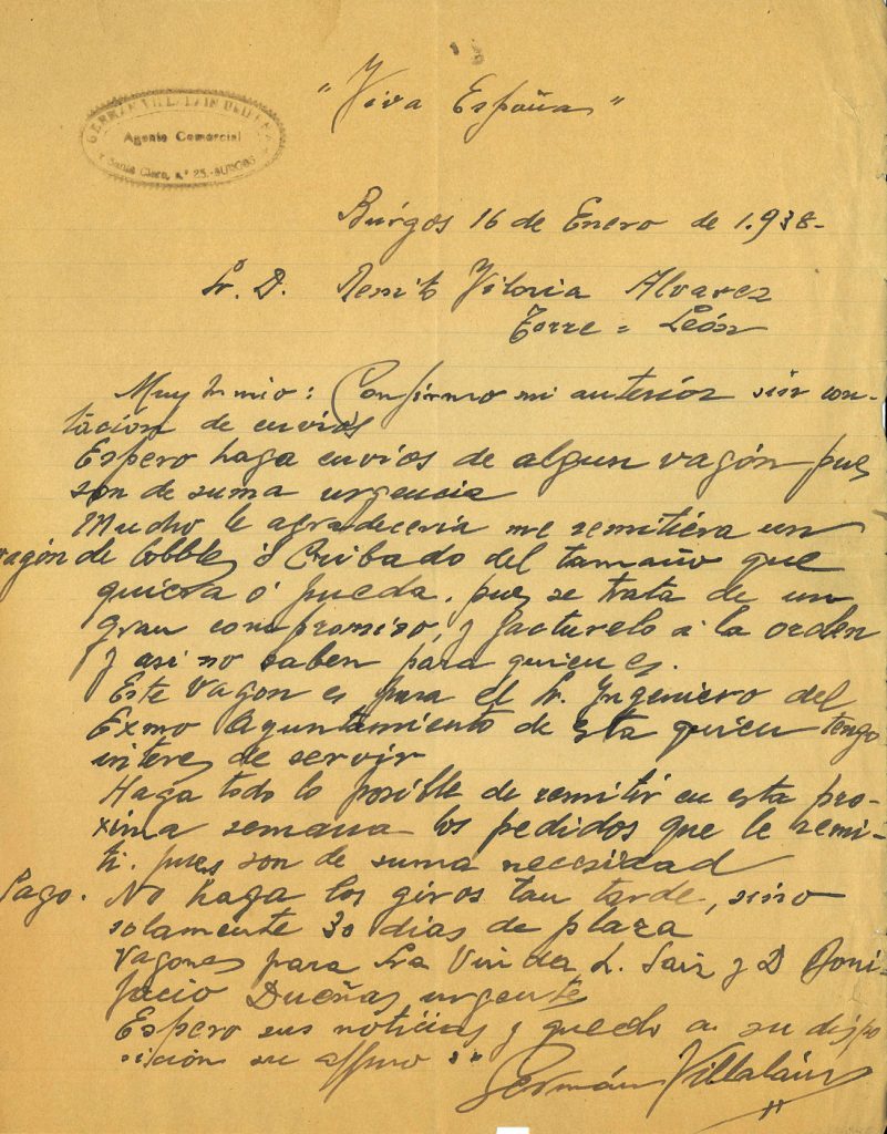 Correspondencia comercial entre German Villalain Ubieña y Benito Viloria. Año 1938. Tomo 7. Doc 25. 1 página
