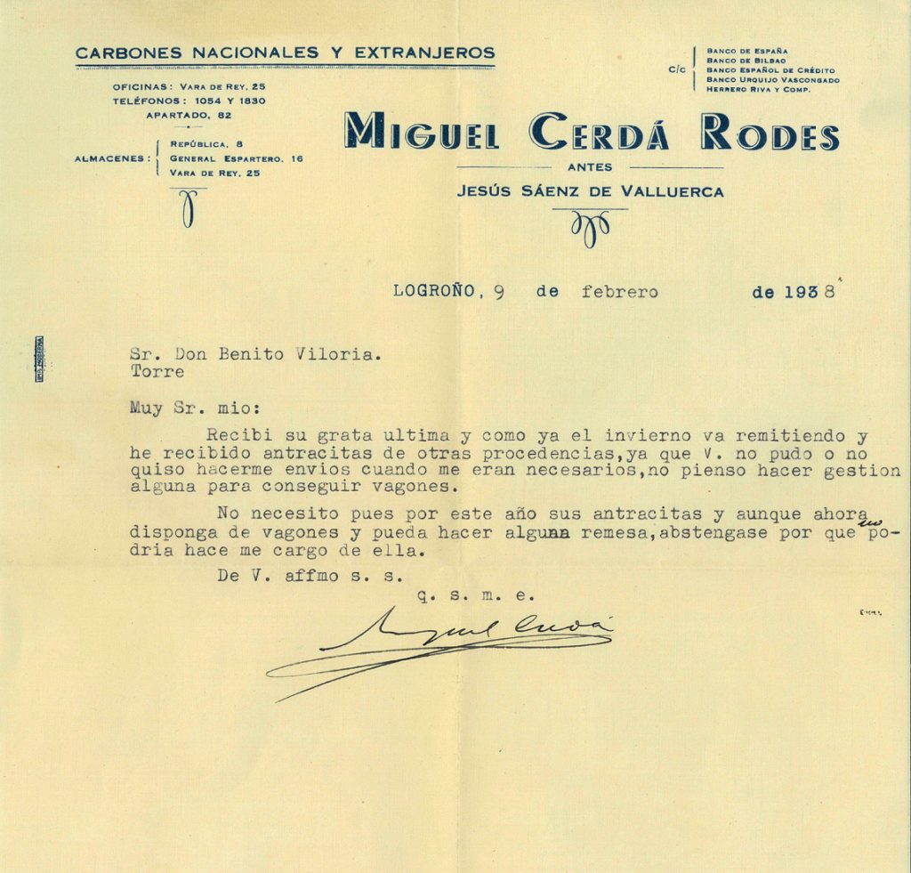 Correspondencia comercial entre Carbones Miguel Cerdá Rodes y Benito Viloria. Año 1938. Tomo 7. Doc 27. 1 página