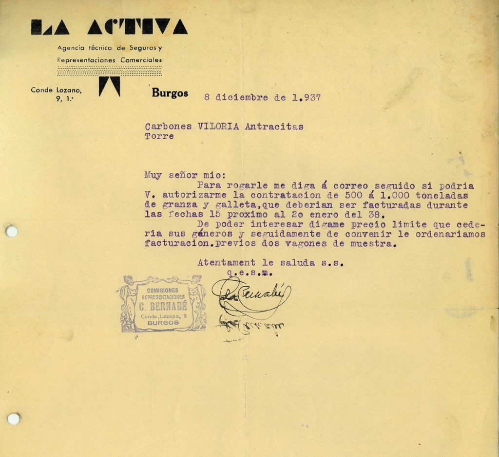 Correspondencia comercial entre Representaciones Comerciales La Activa y Carbones Viloria. Año 1937. Tomo 7. Doc 29. 1 página