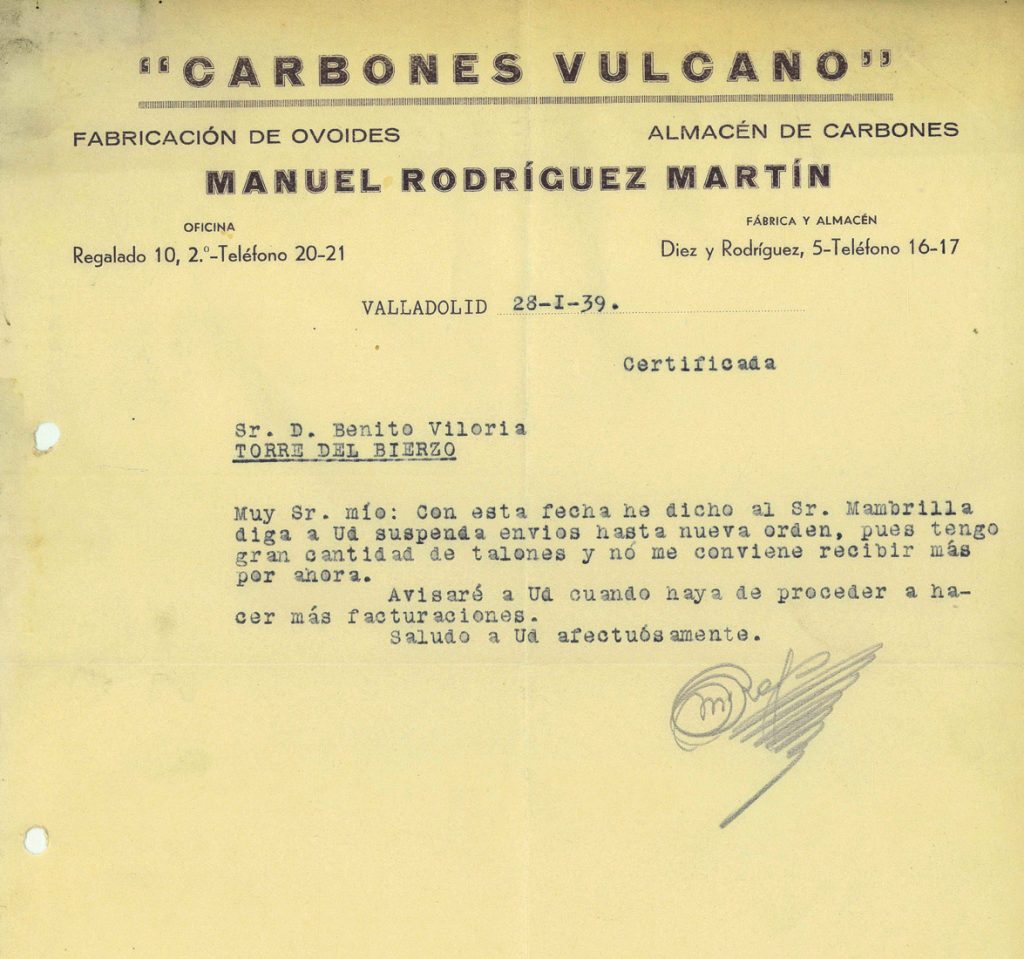 Correspondencia comercial entre Carbones Vulcano y Benito Viloria. Año 1939. Tomo 7. Doc 30. 1 página