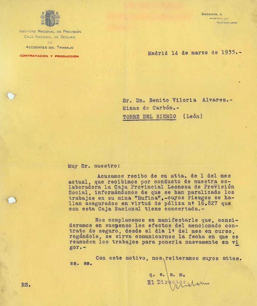 Notificacion del instituto Nacional de Previson de accidentes del trabajo a Benito Viloria. Año 1935. Tomo 7. Doc 31. 1 página