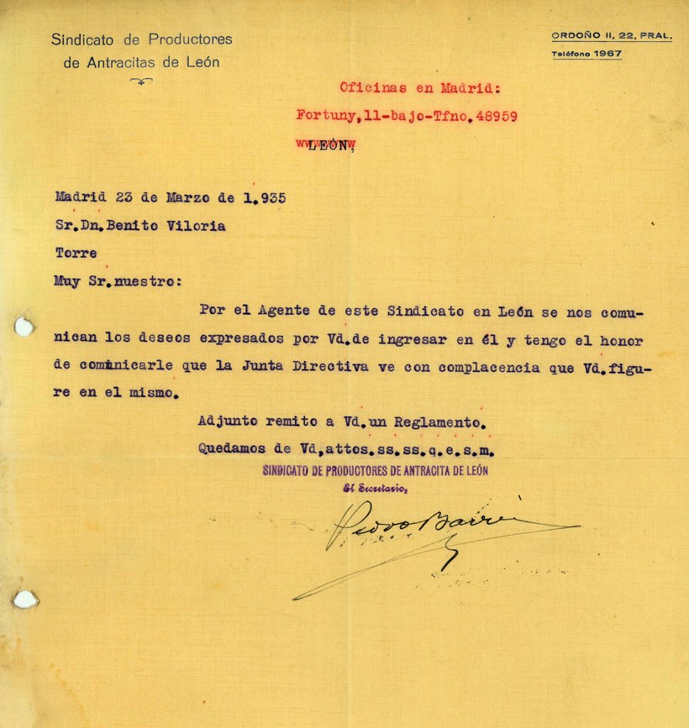 Correspondencia del sindicato de Productores de Antracitas de Leon y Benito Viloria. Año 1935. Tomo 7. Doc 32. 1 página
