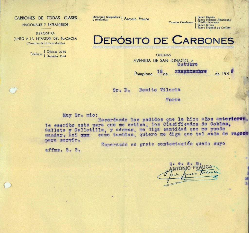 Correspondencia comercial entre Deposito de Carbones Antonio Frauca y Benito Viloria. Año 1939. Tomo 7. Doc 33. 1 página
