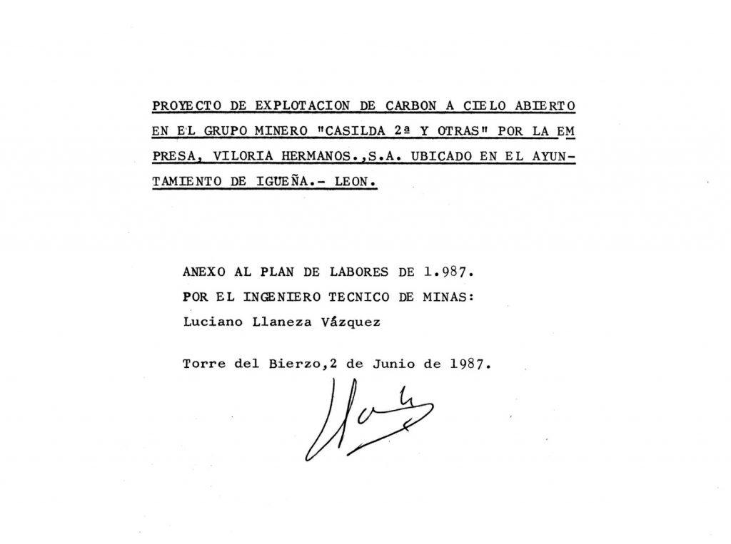 Proyecto de Explotación de carbón a cielo abierto en el Grupo Minero Casilda 2ª y otras por la empresa Viloria Hermanos S.A. ubicado en el ayuntamiento de Igueña. León. Año 1987. Caja 13. Doc 23. 35 páginas
