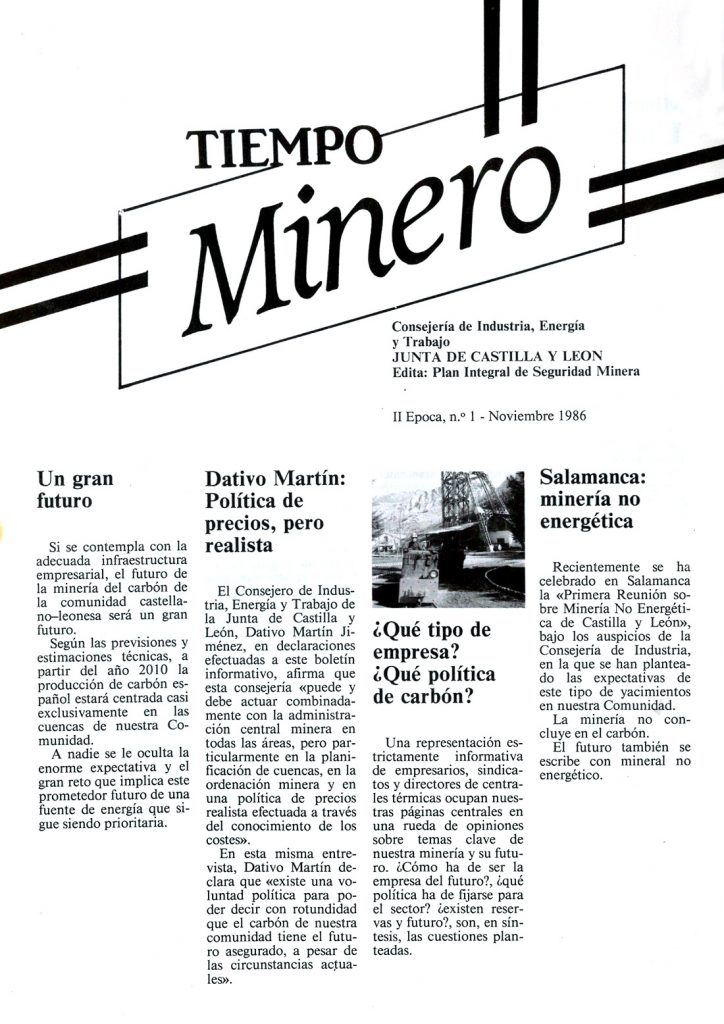 Periódico El Tiempo Minero. Editado por la Junta de Castilla y León. Plan Integral de Seguridad Minera. Numero 1 – Noviembre 1986. 12 Paginas