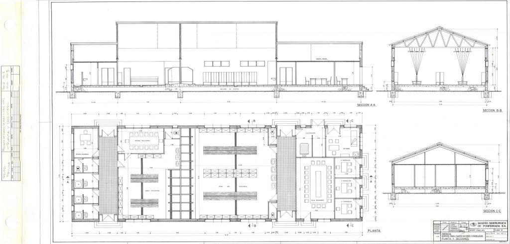 PLN 13 / TOMO 3 MSP – Grupo Paulina. Plano de escala 1:50. Proyecto de edificio para cuarto de aseo y otros usos. Planta y secciones. Serie PA-E Num 107-3. Año 1993.