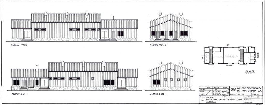 PLN 15 / TOMO 3 MSP – Grupo Paulina. Plano escala 1:100. Proyecto edificio para cuarto de aseo y otros usos. Alzados. Serie PA-E Num 107-4. Año 1993