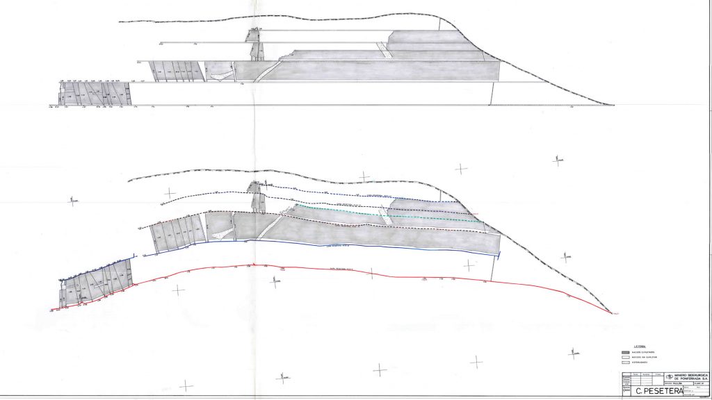 PLN 18 / TOMO 3 MSP – Grupo Paulina. Plano escala 1:2000. Capa Pesetera. Macizos explotados. Macizos sin explotar. Esterilidades.