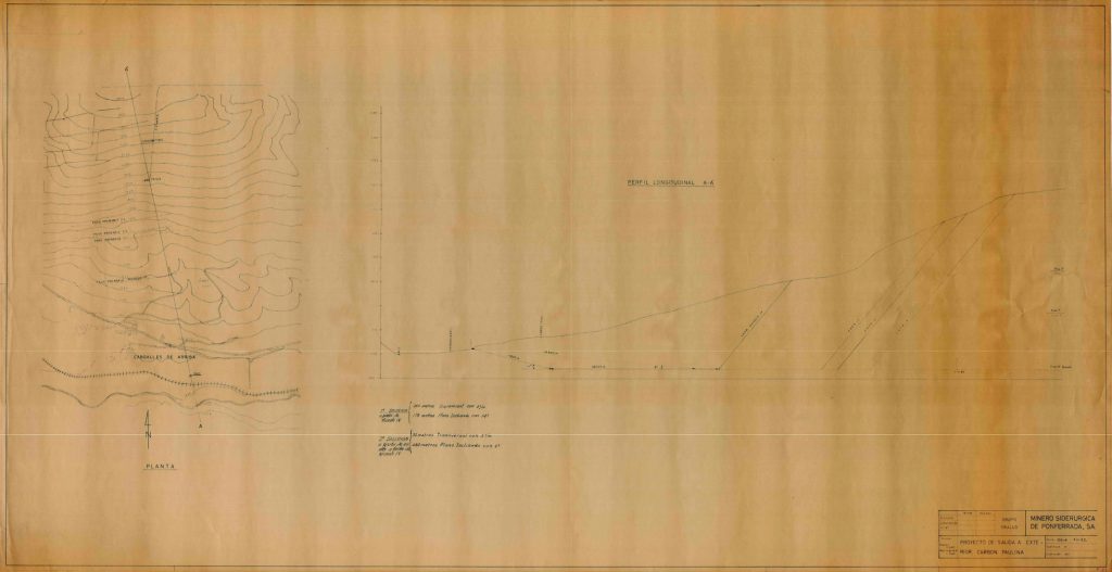 PLN 33 / TOMO 4 MSP – Grupo Orallo. Plano escala Planta 1:5000 y perfil longitudinal 1:2000. Proyecto de salida a exterior, carbón Paulina. Serie 105-A Num 55