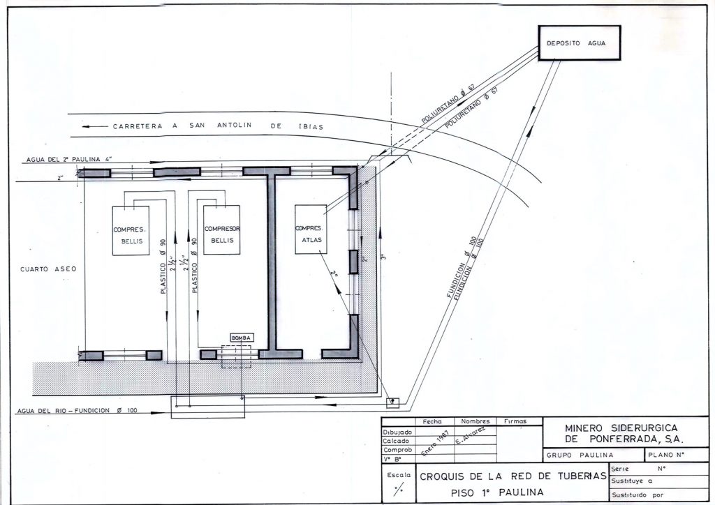 PLN 34 / TOMO 4 MSP – Grupo Paulina. Croquis de la red de tuberías. Piso 1º Paulina. Año 1987