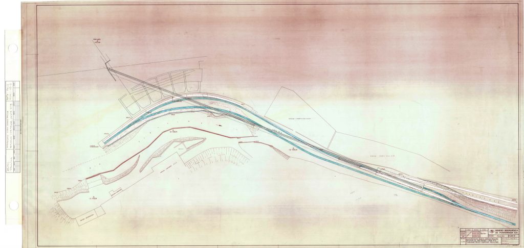 PLN 44 / TOMO 4 MSP – Grupo Paulina. Plano escala 1:200. Anteproyecto nuevo cargue Paulina. Situación de vías, tolvas y cinta nº5. Taquimétrico cargue Paulina. Serie PA-e Num 103-3. Año 1990