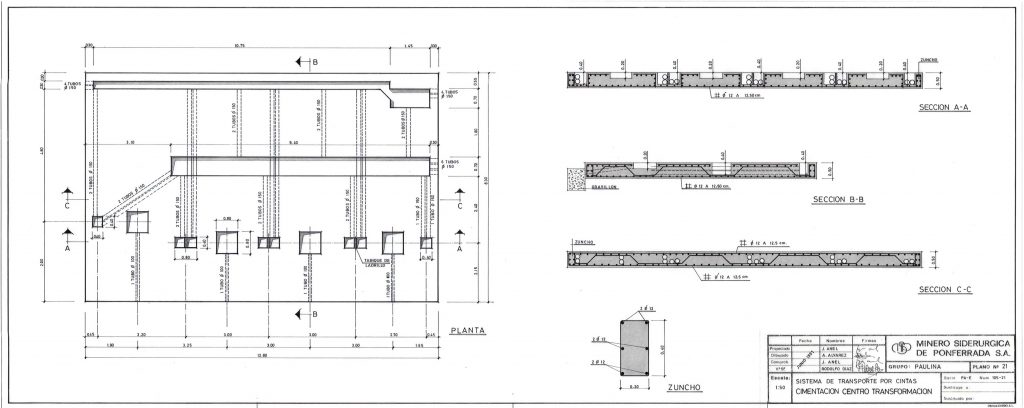 PLN 67 / TOMO 3 MSP – Grupo Paulina. Plano escala 1:50. Sistema de transporte por cintas. Cimentación centro transformación. Serie PA-E Num 105-21. Año 1991