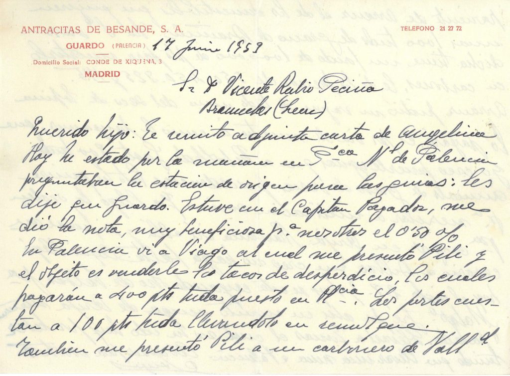 Carta de Vicente Rubio, de Antracitas de Besande a su hijo. Año 1954. Tomo 7. Doc 38. 6 páginas