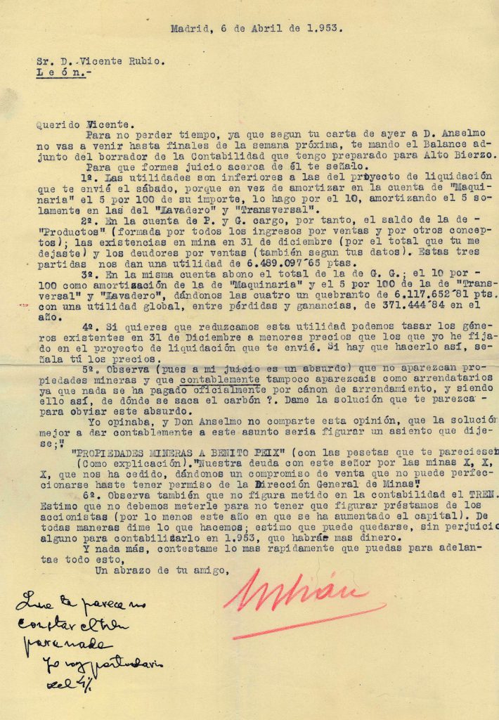 Balance de la empresa Alto Bierzo enviado a Vicente Rubio. Año 1953. Tomo 7. Doc 49. 2 páginas
