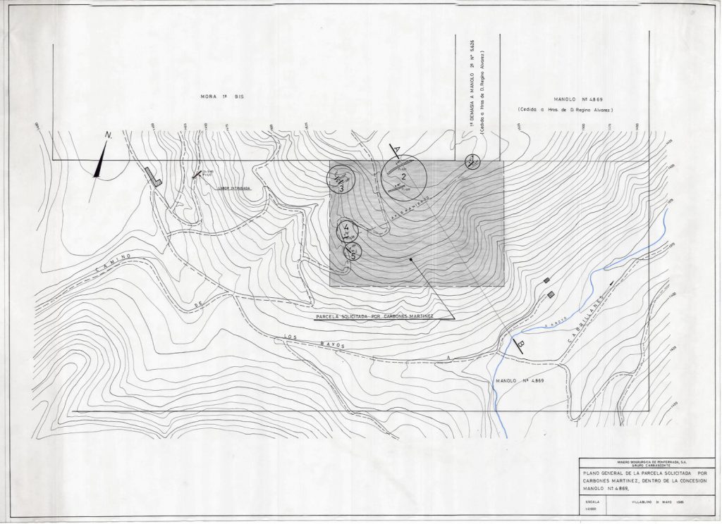 PLN 46 – TOMO 7 MSP. Grupo Carrasconte, Plano escala 1:2000. Plano general parcela solicitada Carbones Martinez Concesión Manolo Nº 4869. Año 1985
