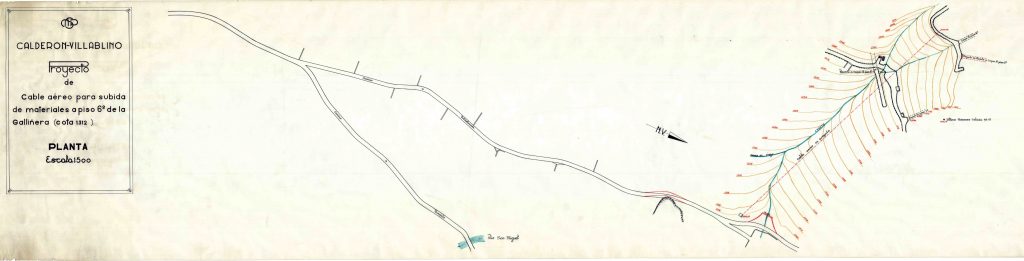 PLN 28 – TOMO 6 MSP. Grupo Calderón-Villablino. Plano escala 1:500. Cable aéreo para subida de materiales al piso 6ª de la Gallinera. Cota 1.312. Planta. Fecha indeterminada