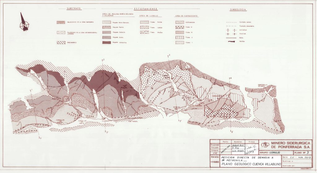PLN 4 – TOMO 6 MSP. Grupo Lumajo. Plano escala 1:50000. Petición directa de Demasía a 3ª Petronila. Plano geológico Cuenca Villablino. Año 1995