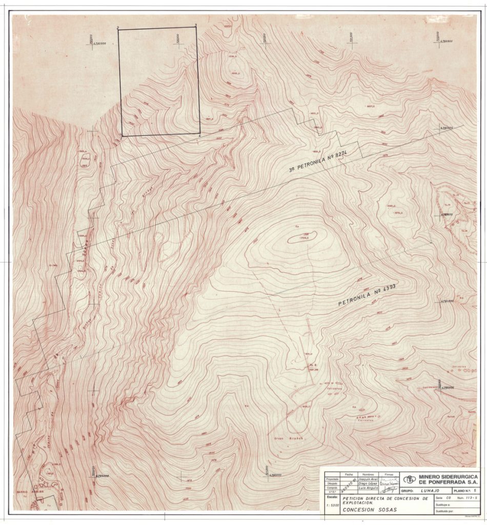 PLN 6 – TOMO 6 MSP. Grupo Lumajo. Plano escala 1:5000. Petición directa de concesión de explotación. Concesión Sosas. Año 1995