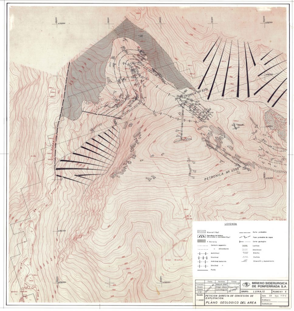 PLN 7 – TOMO 6 MSP. Grupo Lumajo. Plano escala 1:5000. Petición directa de concesión de explotación. Plano geológico del área. Año 1995