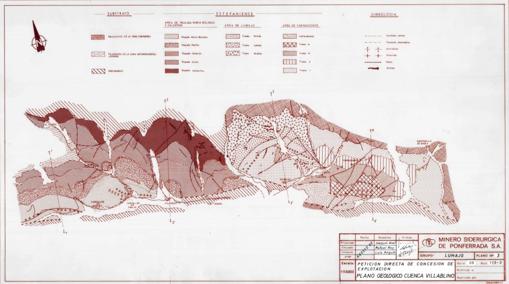 PLN 8 – TOMO 6 MSP. Grupo Lumajo. Plano escala 1:50000. Petición directa de concesión de explotación. Plano geológico Cuenca Villablino. Año 1995