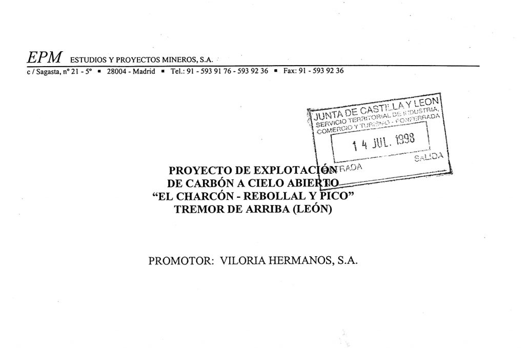 Proyecto de explotacion de carbon a Cielo Abierto. El Charcon – Rebollal y Pico. Tremor de Arriba. Leon 1998. 124 Páginas. Caja 24 – Doc 3