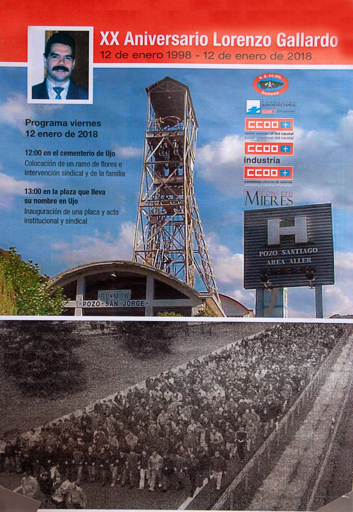 Cartel del 20 aniversario de la muerte de Lorenzo Gallardo, minero y sindicalista de CCOO fallecido durante las movilizaciones mineras de 1998. Ujo. Asturias 2018