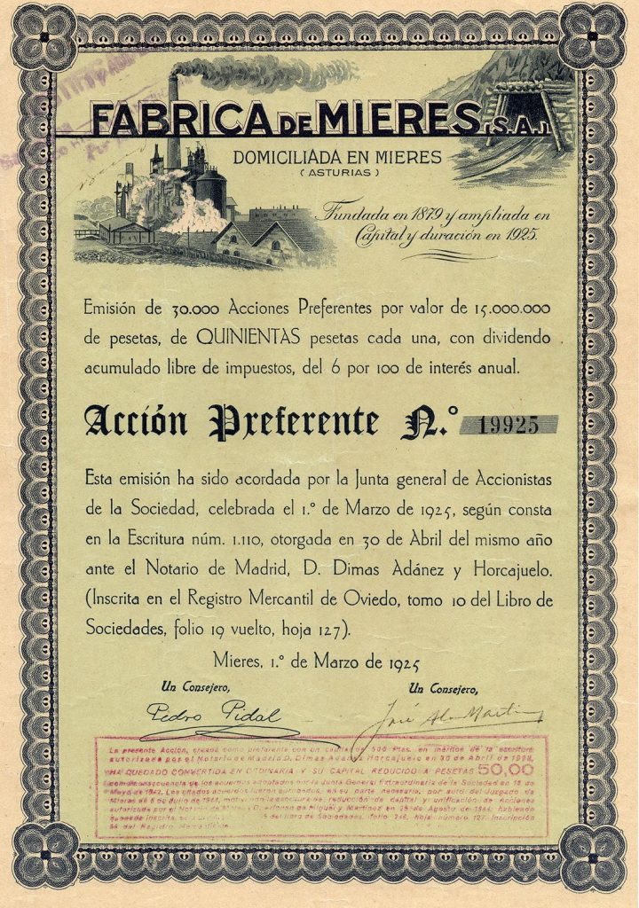 Acción preferente de 500 pesetas de Fabrica de Mieres. Asturias 1925